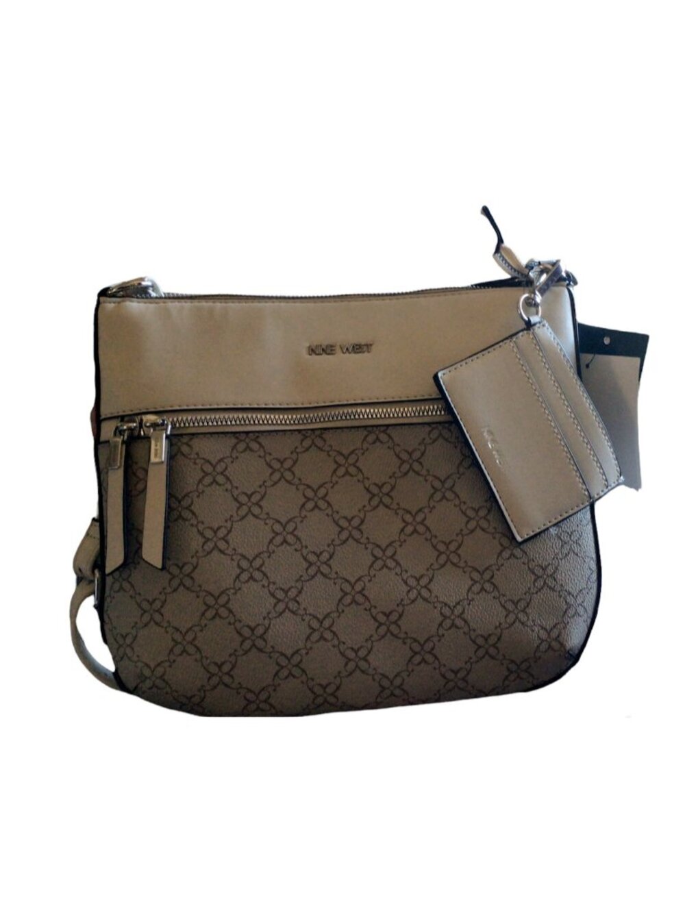 Nine West Cheska Mushroom Logo Crossbody Detachable Card Case Handbag Taupe new